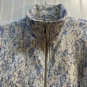 Grandmacore Whimsy Fairycore Womens Blue White Lace Full Zip Jacket Mock Neck L